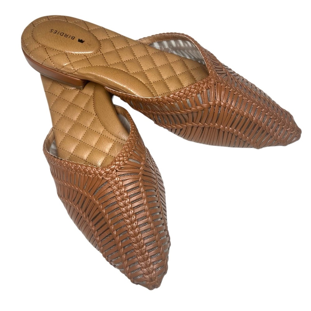 Birdies The Swan-Woven Natural Brown Leather Mules Flats Womans Shoes Size 9 EUC